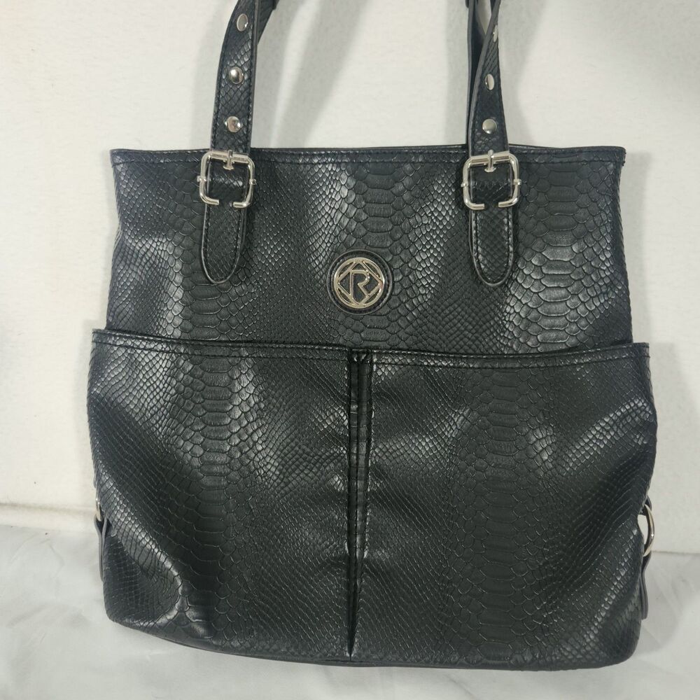 RELIC LARGE FAUX ALLIGATOR LEATHER BLACK SHOULDER BAG HOBO PURSE--FRONT POCKETS